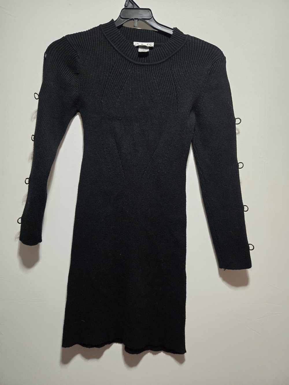 Women's Black Long Sleeve Ribbed Knit Dress with Sleeve Hook Details